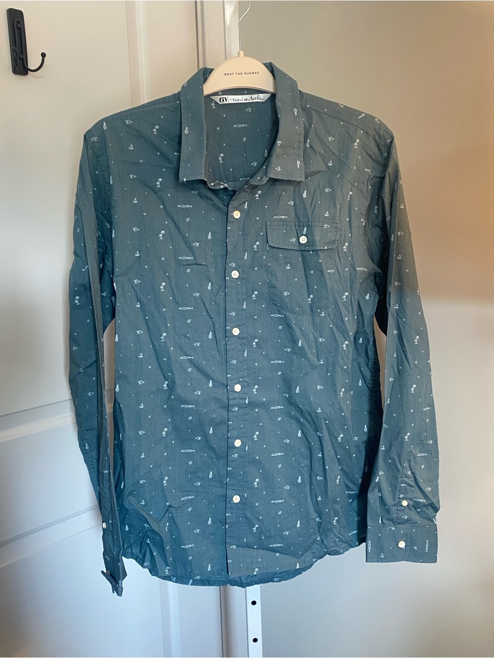Travis Mathew Slate Blue Long-Sleeve Button-Down Shirt with White Nautical Print